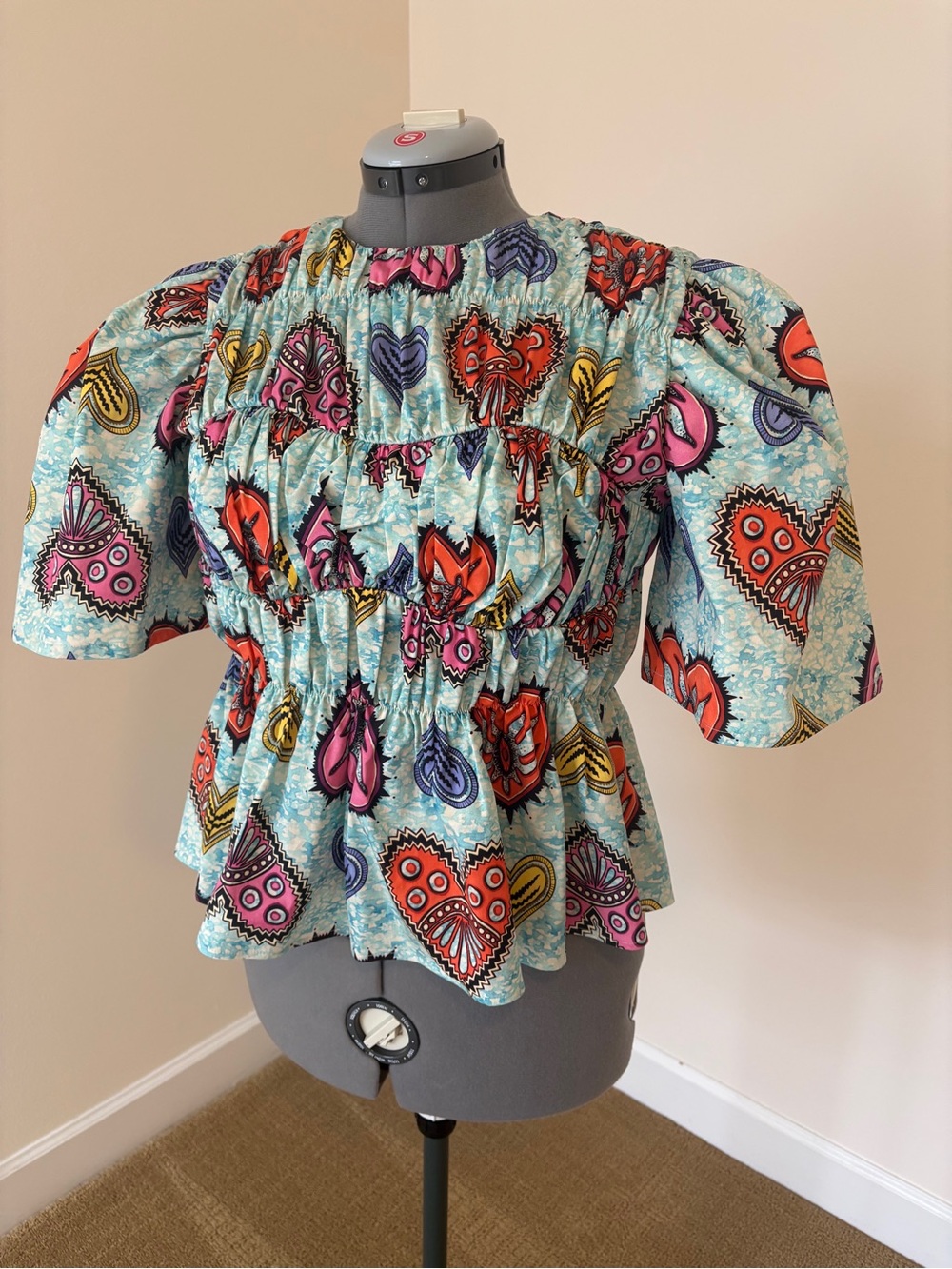 Autumn Adeigbo Elvire Ruched Heart Printed Peplum Top, Size 4.